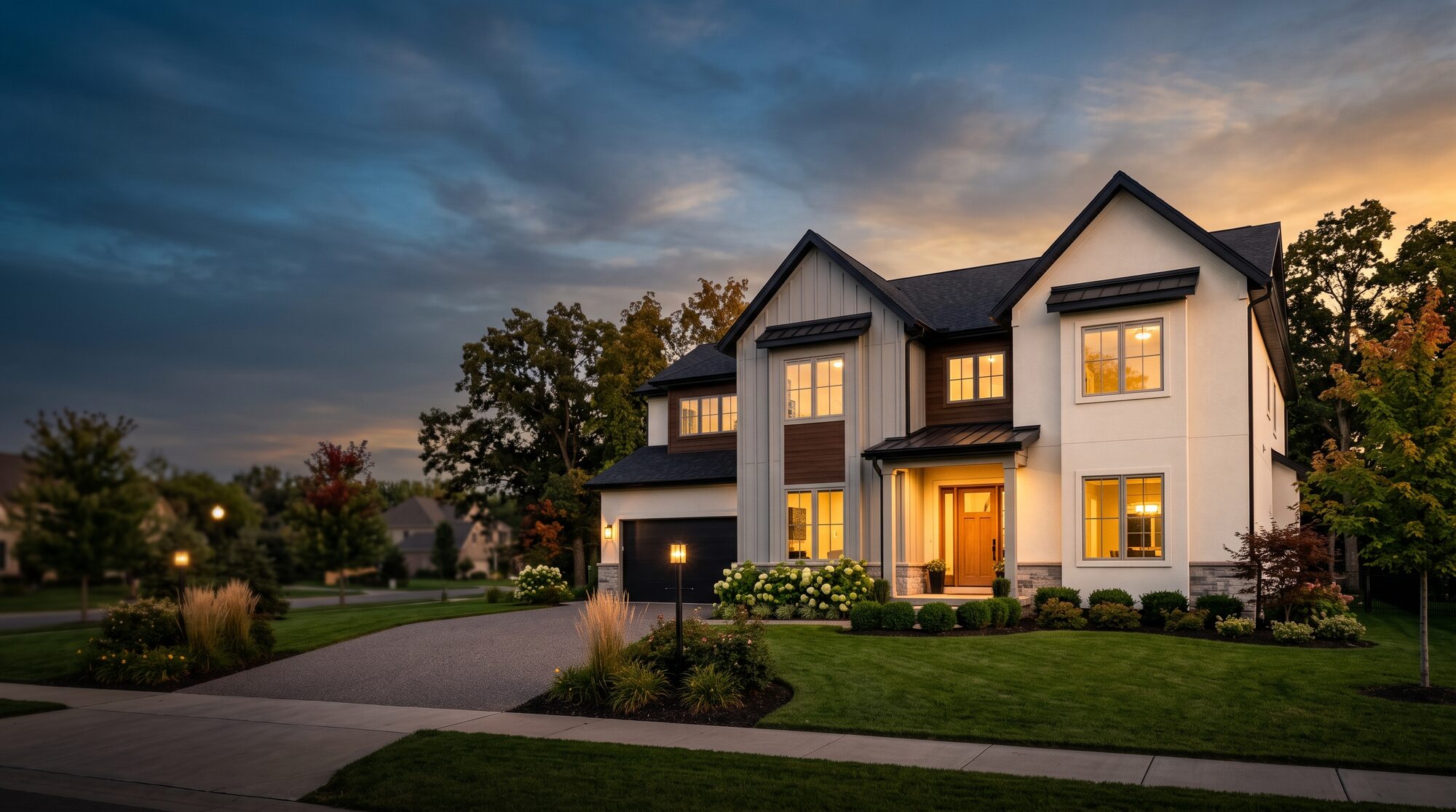Beautifully painted modern home at dusk